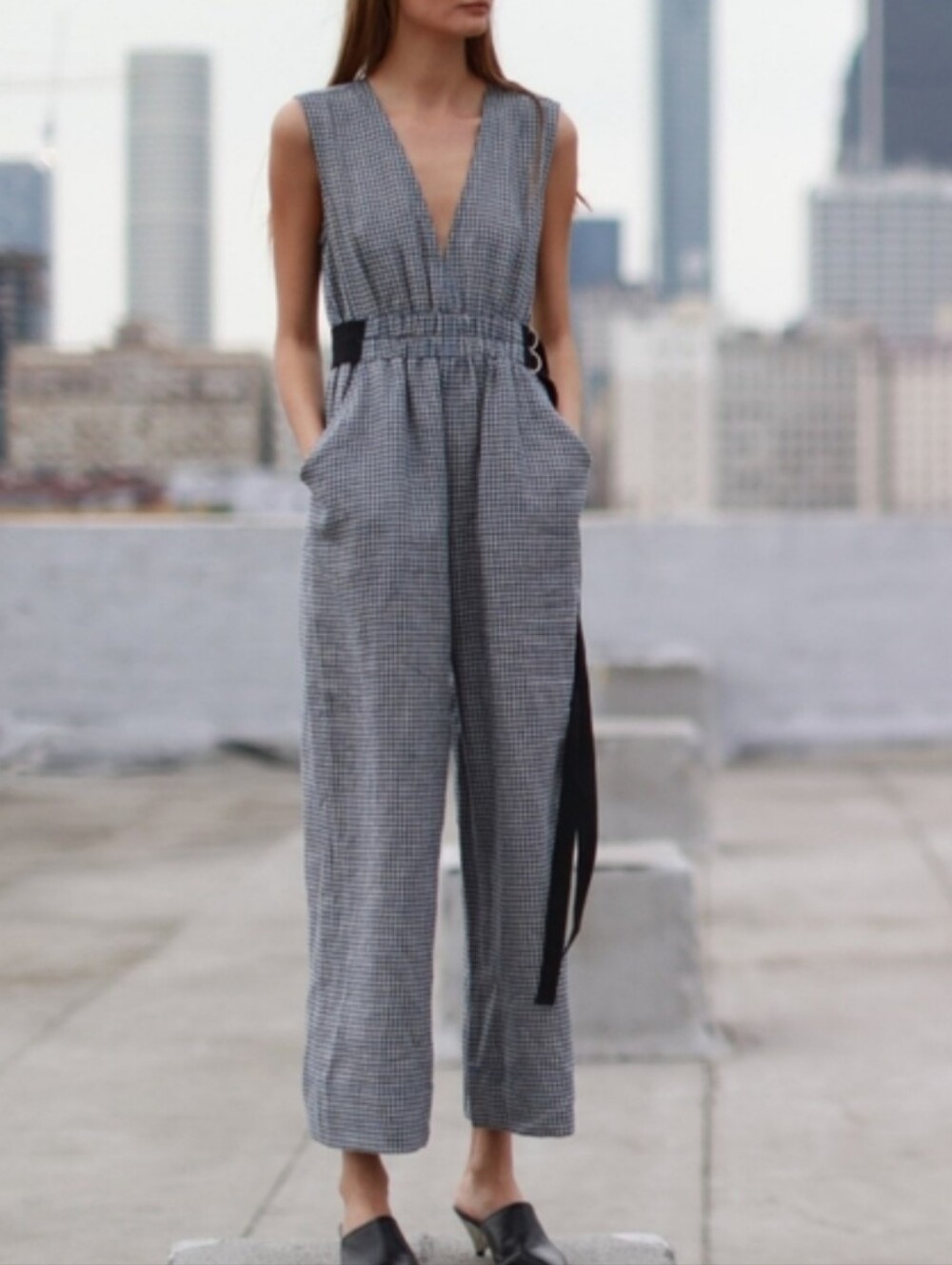 Current Air Linen Gingham Waist Strap Sleeveless Jumpsuit Sz L Wide Leg Casual